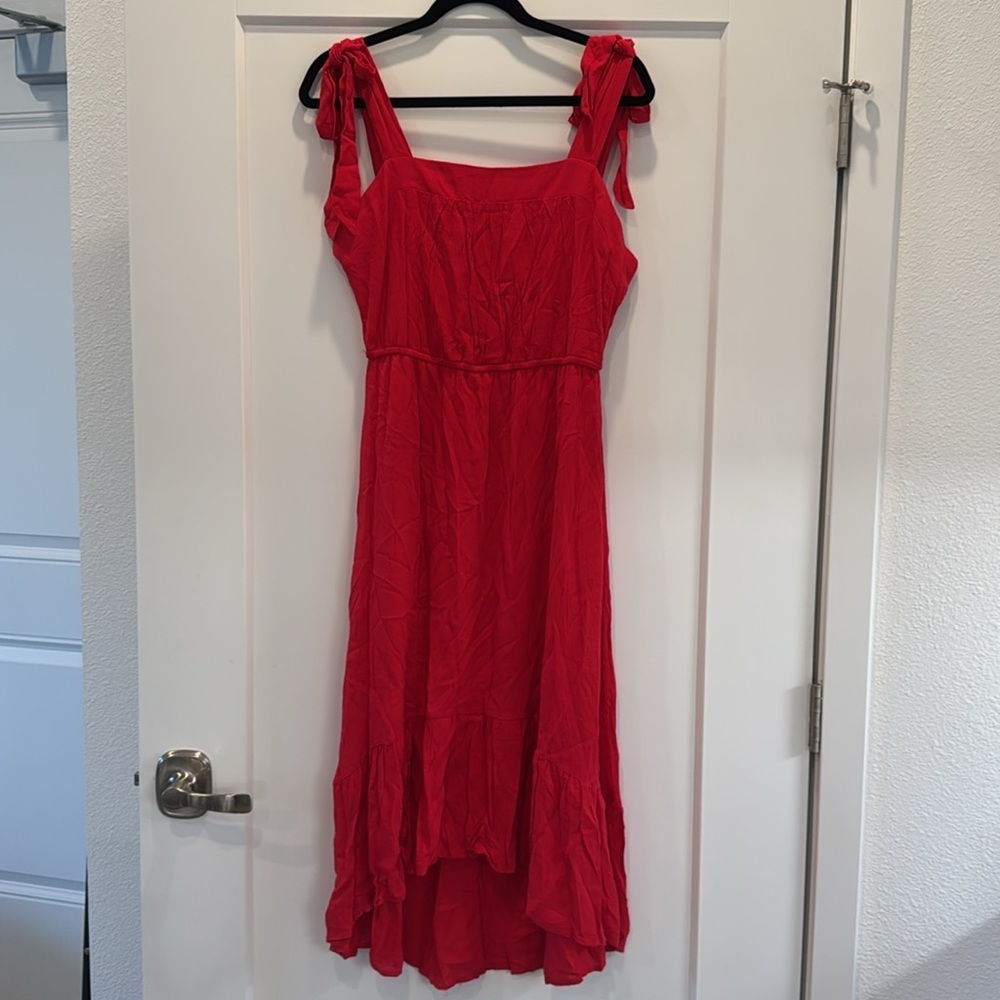 Nina Leonard Tie Strap High-Low Dress Cherry Red medium Crinkle Gauze Ruffle